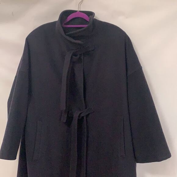 NEIMAN‎ MARCUS ELEGANT DARK BLUE LONG WOOL SNAP BUTTON COAT SIZE 12 - Picture 2 of 10